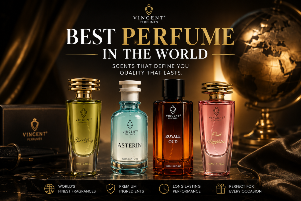 Best perfume in the world luxury banner featuring Vincent Perfumes collection.