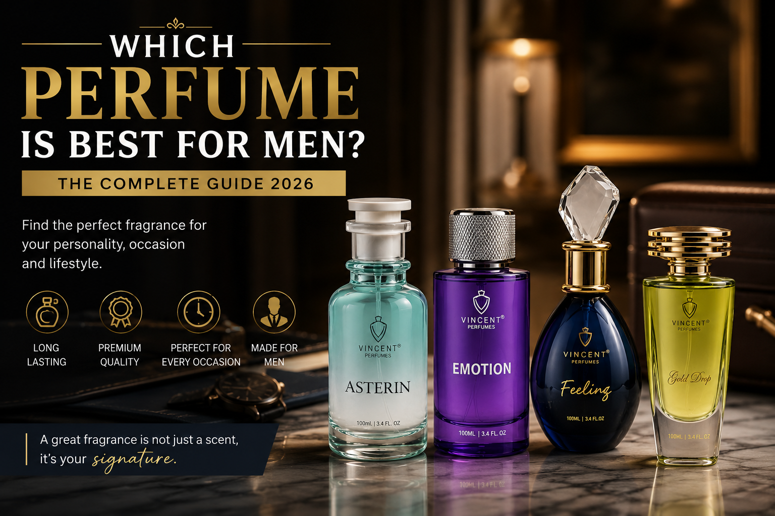 Which Perfume Is Best for Men? Complete Guide 2026 featuring Vincent Perfumes Asterin, Emotion, Feeling, and Gold Drop bottles in a luxury men's fragrance banner.
